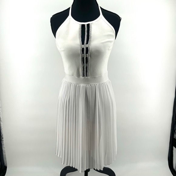 NWT Bebe White Halter Pleated Midi Dress Cutout Strappy Back Zipper S